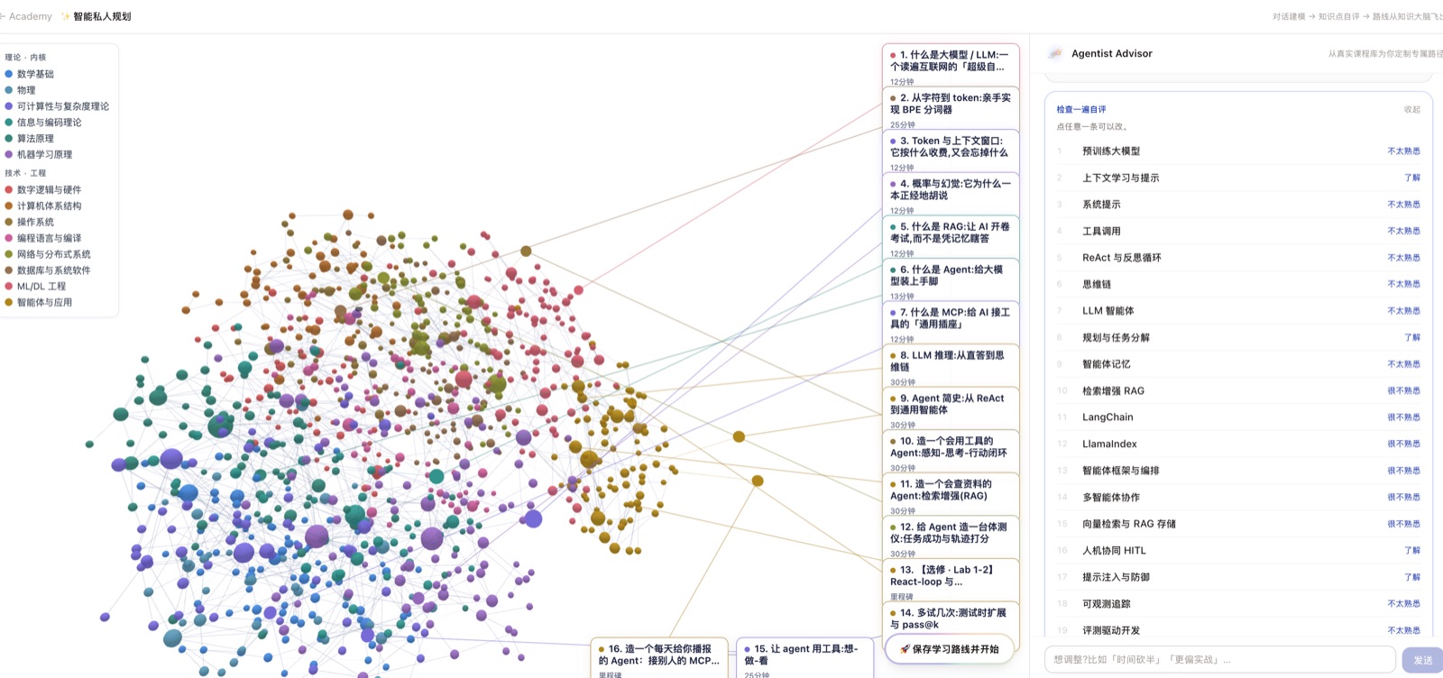 Knowledge galaxy and Agentist Advisor: a learning path built around your background