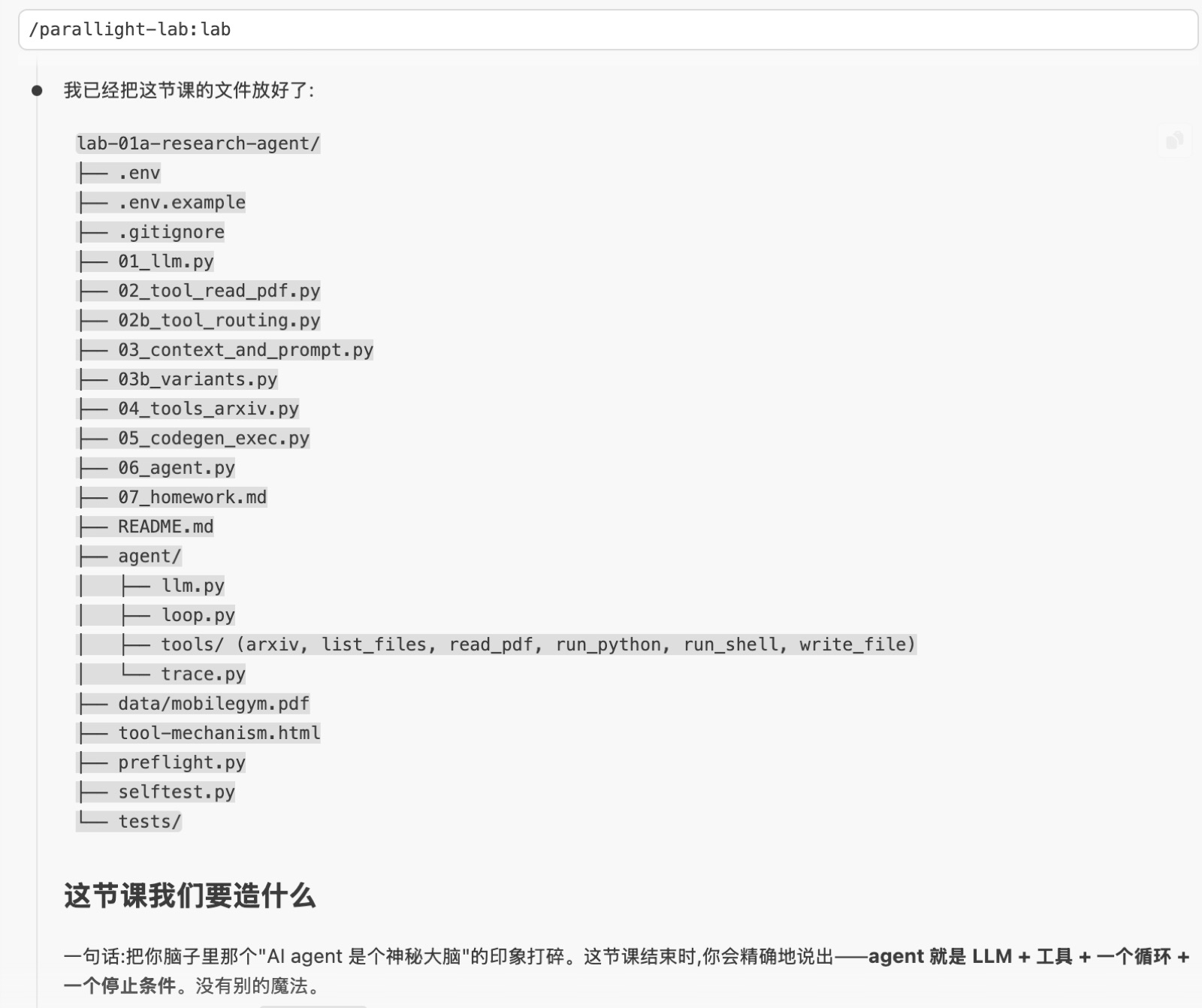 Parallight MCP setting up a lab inside Claude Code: one command lays down every file